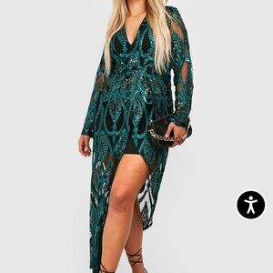 Boohoo Sequin Damask Plunge Maxi Party Dress
